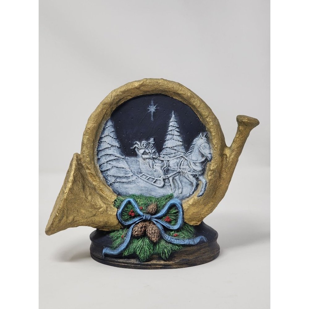 Vintage Hand Painted Ceramic Christmas Horn Sleigh Ride In‎ The Night Sky